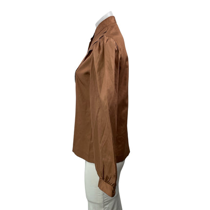 MJ Women's Brown Bronze Silk Satin Long Sleeve Pintuck Button Down Shirt Top 9