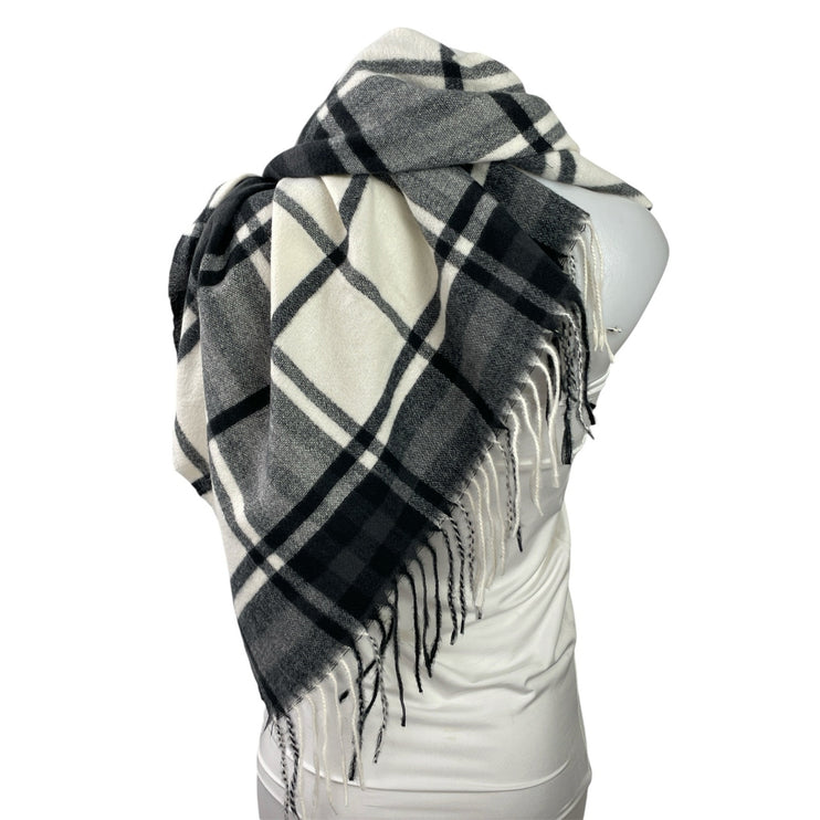 Marine Layer Women's Black White Plaid Check Fringe Wrap Shawl Neck Scarf OS