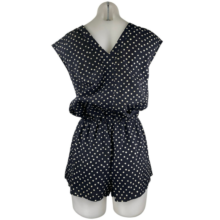 Aqua Women's Blue Polka Dots Button Down Short Cap Sleeve Jumpsuit Romper Size S