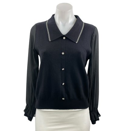 J.ING Women's Black Mesh Long Sleeve Collared Button Up Cardigan Sweater Size OS
