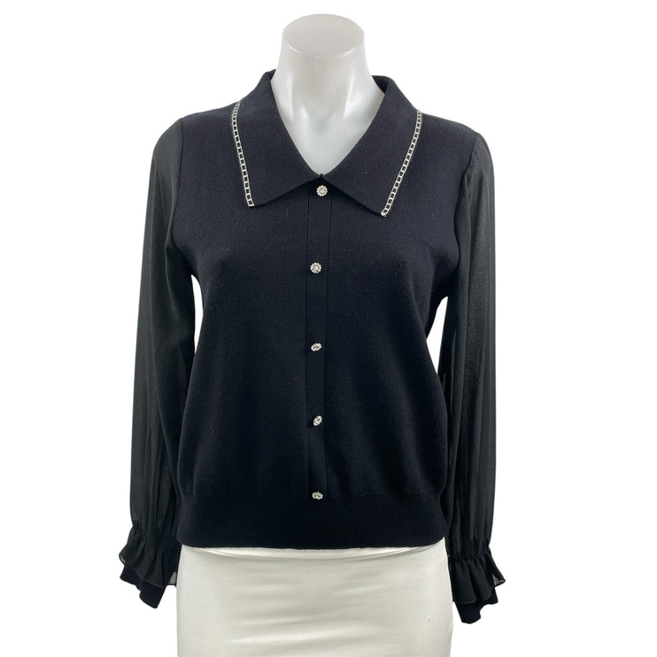 J.ING Women's Black Mesh Long Sleeve Collared Button Up Cardigan Sweater Size OS