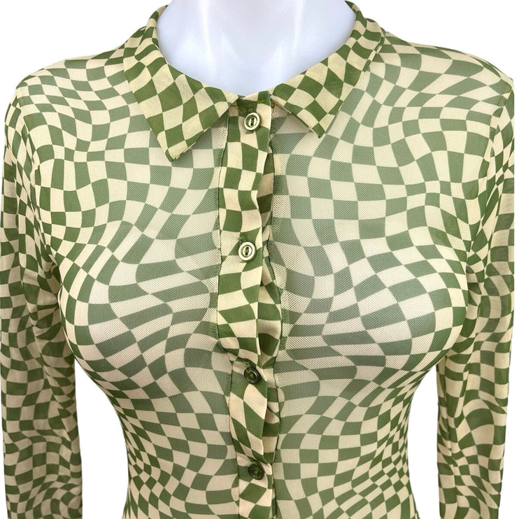 Daisy Street Green White Checkered Mesh Long Sleeve Sheer Bodycon Mini Dress 4