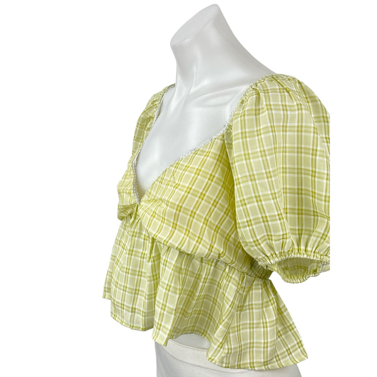 Blue Blush Women's Yellow Plaid Check Deep V Neck Puff Sleeve Crop Blouse Top M