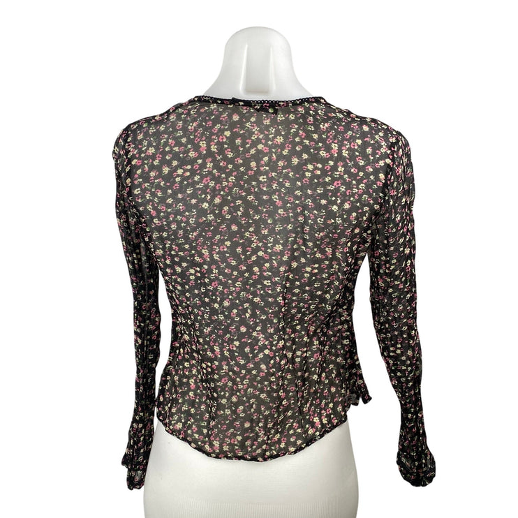 Allsaints Women's Black Floral Mesh Sheer Long Sleeve Tie Blouse Top Size M