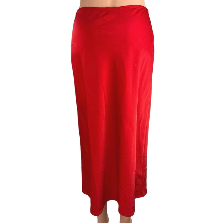 Elodie Red Silky Satin Side Button Calf Length Pencil Straight Slip Skirt Sz XS