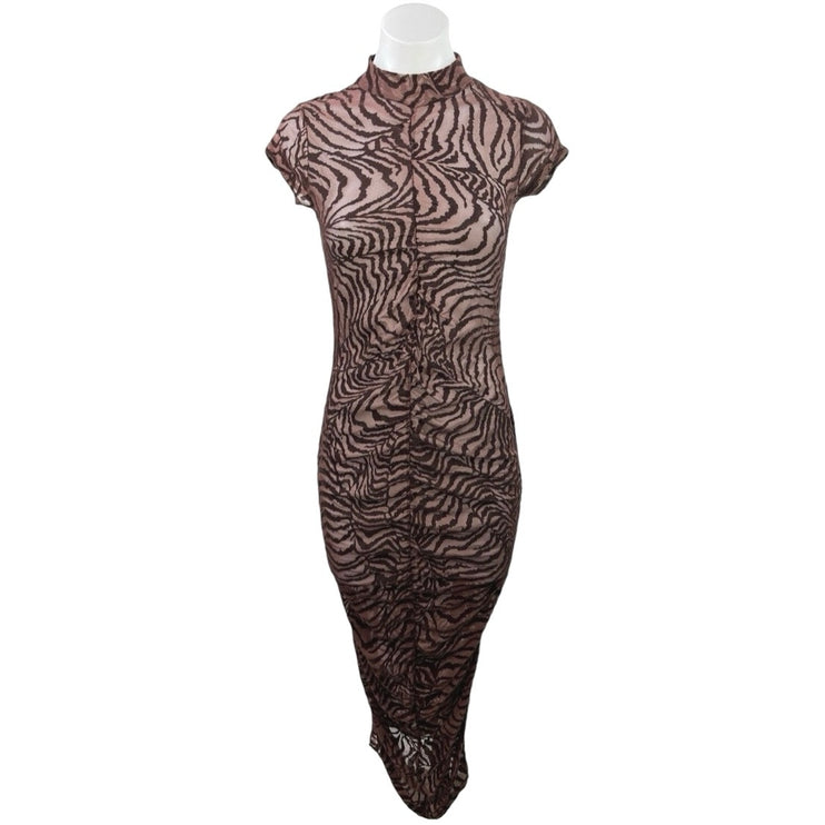 PrettyLittleThing Brown Mesh Zebra Print High Neck Ruched Maxi Bodycon Dress 4