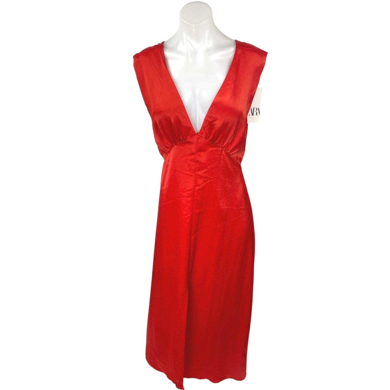 NEW Zara Red Satin Silk Sleeveless Deep V Neck Slit Cutout Back Maxi D Brie NEW Zara Red Satin Silk Sleeveless Deep V Neck Slit Cutout Back Maxi D Brie