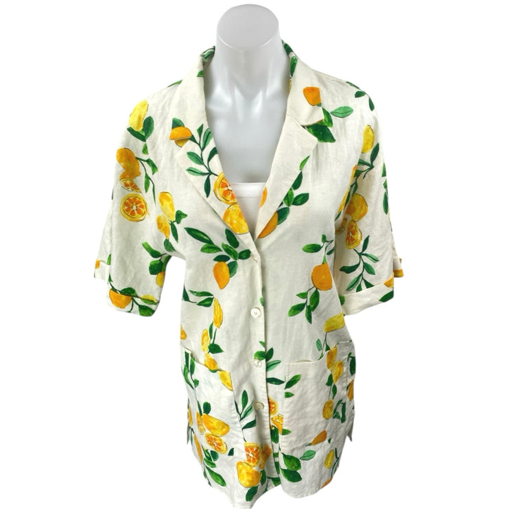 Zara White Linen Lemon Print Short Sleeve Button Up Shirt Blazer Coat Jacket M