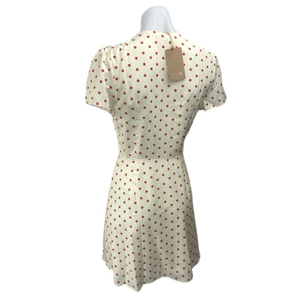 NEW Rihoas Cream Red Short Sleeve V Neck Polka Dots Mini Fit & Flare Dress XS