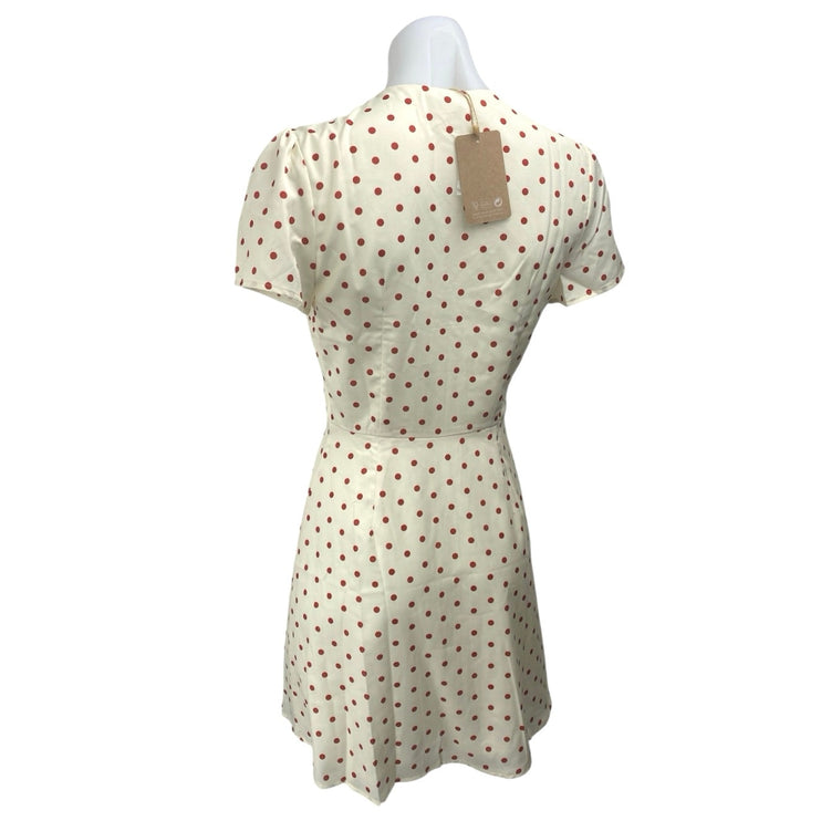 NEW Rihoas Cream Red Short Sleeve V Neck Polka Dots Mini Fit & Flare Dress XS