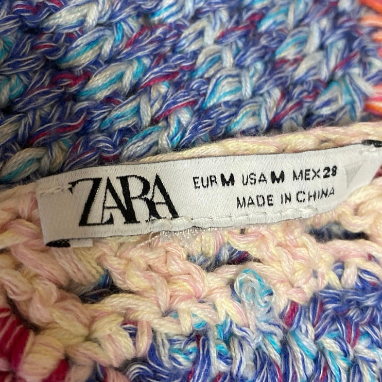 Zara Women's Multicolor Crochet Knit Halter Crop Top Brallette & Shorts Set Sz M