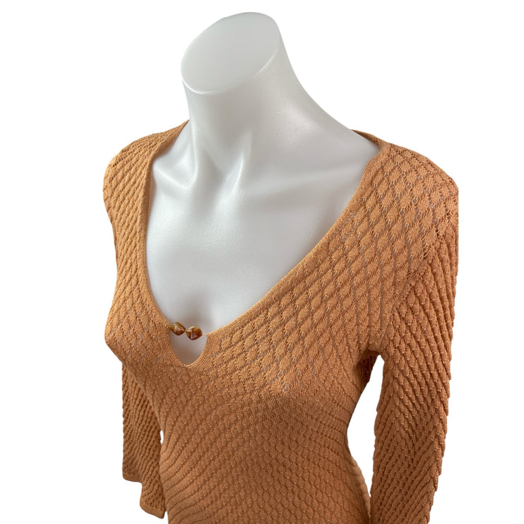 Pretty Lavish Gold Hardware Crochet Knit V Neck Maxi Bodycon Sweater Dress Sz S