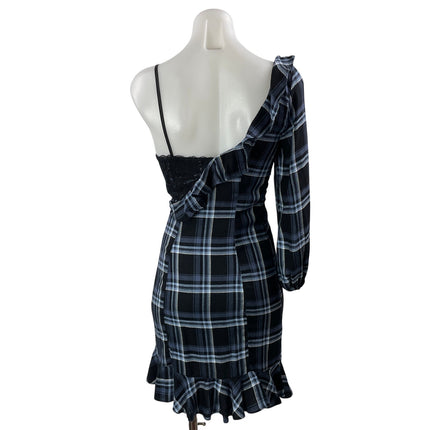 Likely Black Blue Plaid One Shoulder Lace Trim Ruffle Sheath Mini Dress Size 0