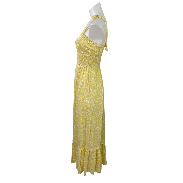 Japna Yellow Floral Shirred Smocked Sleeveless Tie A Line Fit & Flare Dress S