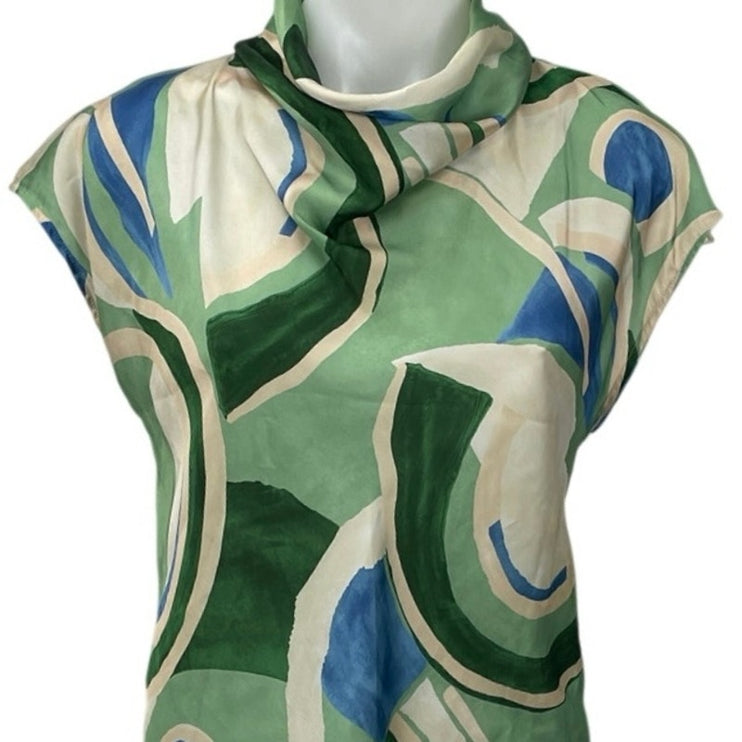 Zara Women's Green Geometric Abstract Cap Short Sleeve Cowl Blouse Top Size S