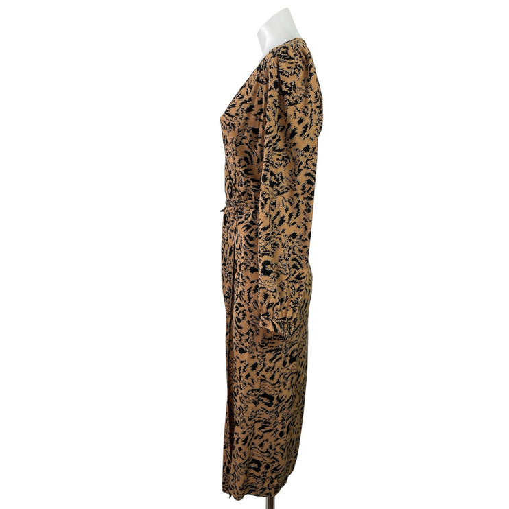 Y.A.S Women's Brown Leopard Print V Neck Long Sleeve Midi A-Line Wrap Dress Sz L