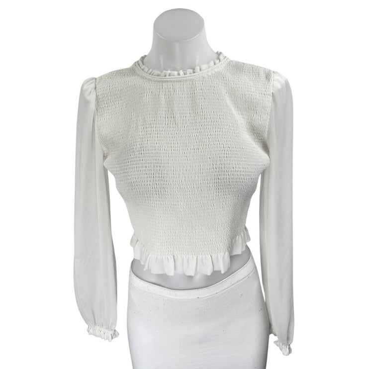 Aritzia Wilfred White Long Balloon Sleeve Smocked Mock Neck Blouse Top Size 2XS
