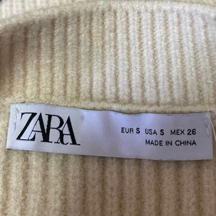 Zara Beige Black Ribbed Knit Striped Drop Short Sleeve Crew Neck Sweater Top S
