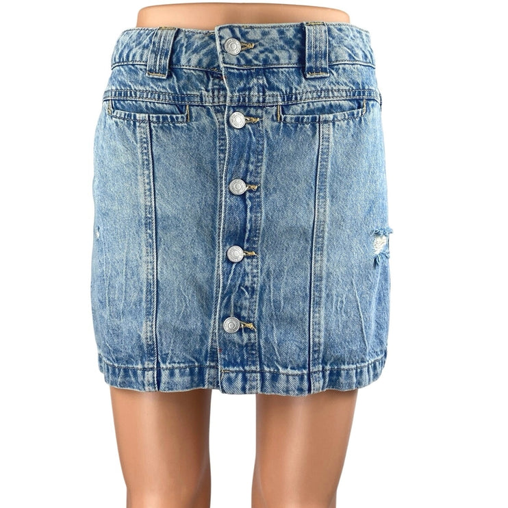 Free People We The Free Blue High Rise Distressed Mini Denim Jean Skirt Size 28