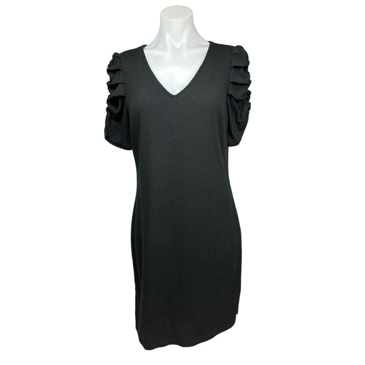 Nine West Black Ribbed Knit V-Neck Short Ruched Sleeve Mini Sheath Dress Size M