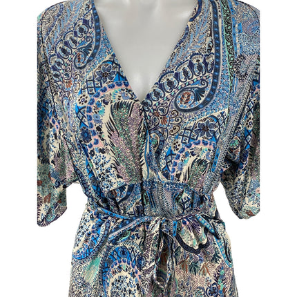 Ba&sh Blue Paisley Print Half Sleeve V Neck Tie Waist A Line Midi Dress Size XS