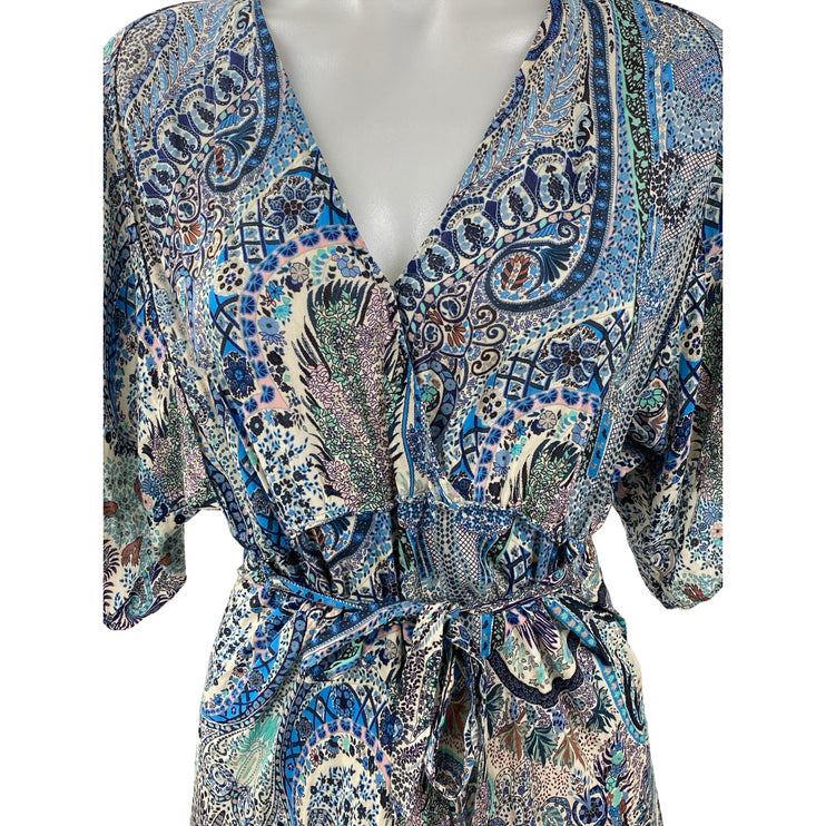 Ba&sh Blue Paisley Print Half Sleeve V Neck Tie Waist A Line Midi Dress Size XS