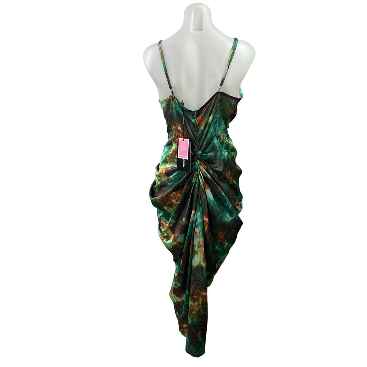 NEW PrettyLittleThing Green Satin Cowl Neck Gathered Sheath Midi Dress Size 8