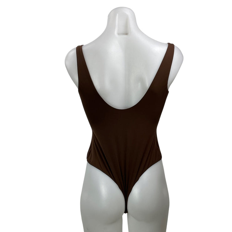 Skims Women's Brown Sleeveless Square Neck Open Back Thong Tank Bodysuit Size L