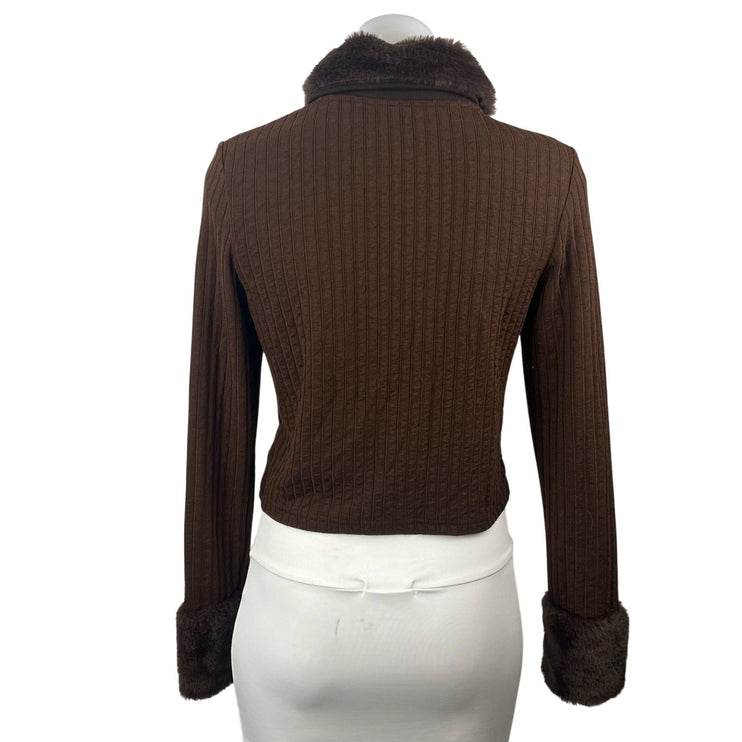 H&M Women's Brown Ribbed Knit Faux Fur Full Zip Cardigan Sweater Top Size M