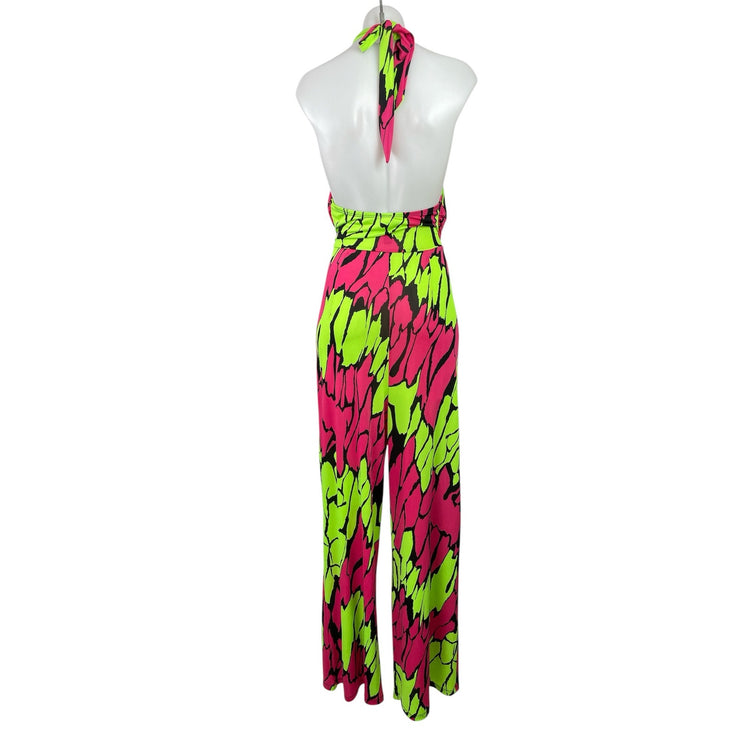 Touch Me Green Pink Retro Abstract Halter Plunge Sleeveless Wide Leg Jumpsuit L