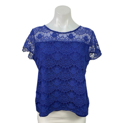 Splash Womens Blue Floral Lace Short Sleeve Round Neck Casual Blouse Top Size 14