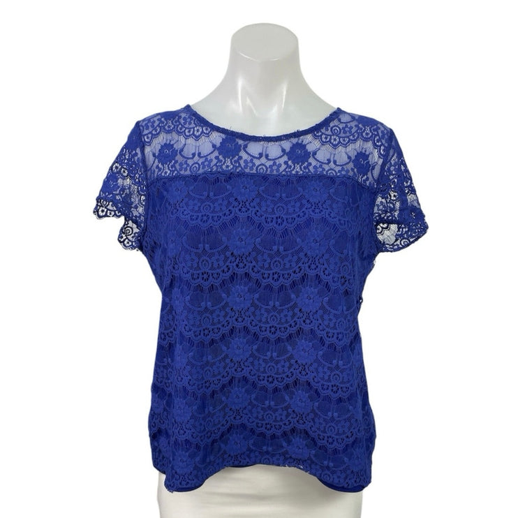 Splash Womens Blue Floral Lace Short Sleeve Round Neck Casual Blouse Top Size 14