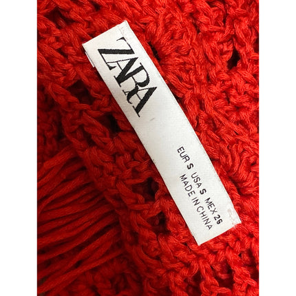 Zara Womens Red Crochet Open Knit Boho Sleeveless Fringe Cropped Tank Top Size S