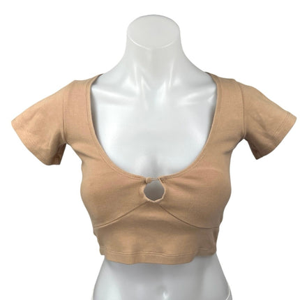 Tiger Mist Tan Beige Short Sleeve Knit Keyhole Scoop T Shirt Tee Crop Top Size S