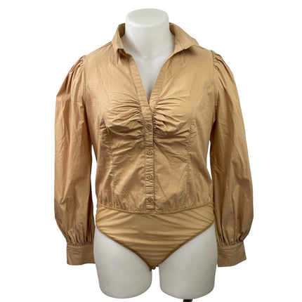 Fashion Nova Women's Tan Long Balloon Sleeve Button Down Shirt Bodysuit Top 1X