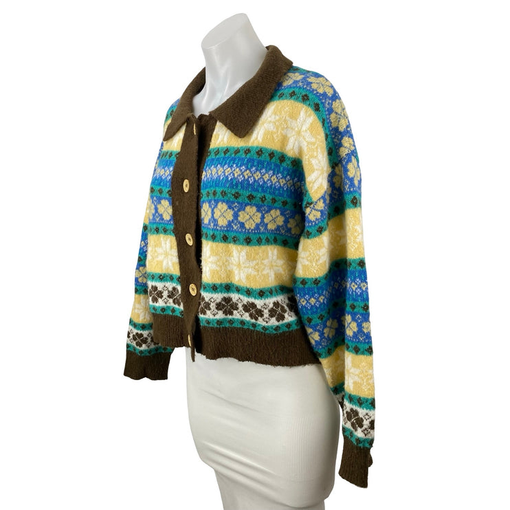 24Colours Fair Isle Collared Long Sleeve Button Down Crop Cardigan Sweater Top M