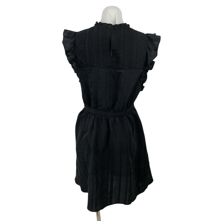 Club Monaco Black Ruffle Sleeve Mock Neck Pintucked Fit & Flare Mini Dress Sz 6