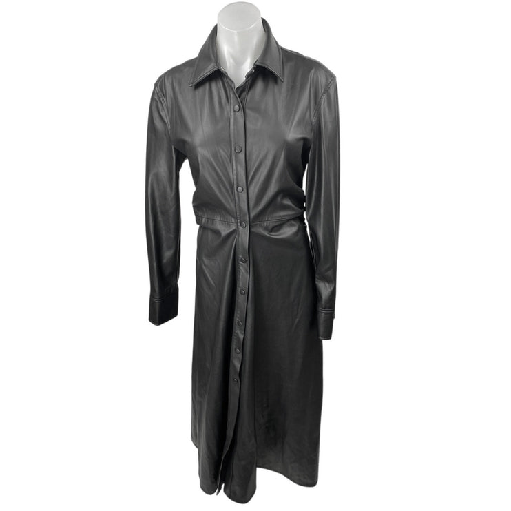 NEW Zara Black Faux Leather Long Sleeve Collared Button Down Midi Shirt Dress S