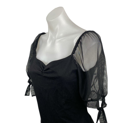 Lulus Women's Black Sheer Mesh Short Puff Sleeve Sweatheart Neck Bodysuit Top L