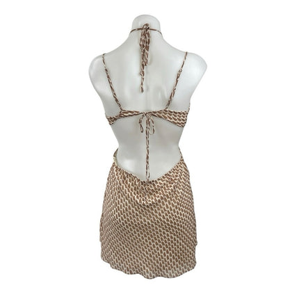 Hallelu Brown Geometric Halter Sleeveless Cutout Tie A Line Mini Dress Size M