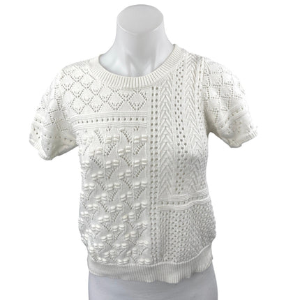Heartloom Women's White Eyelet Crochet Knit Crewneck Short Sleeve Sweater Top M