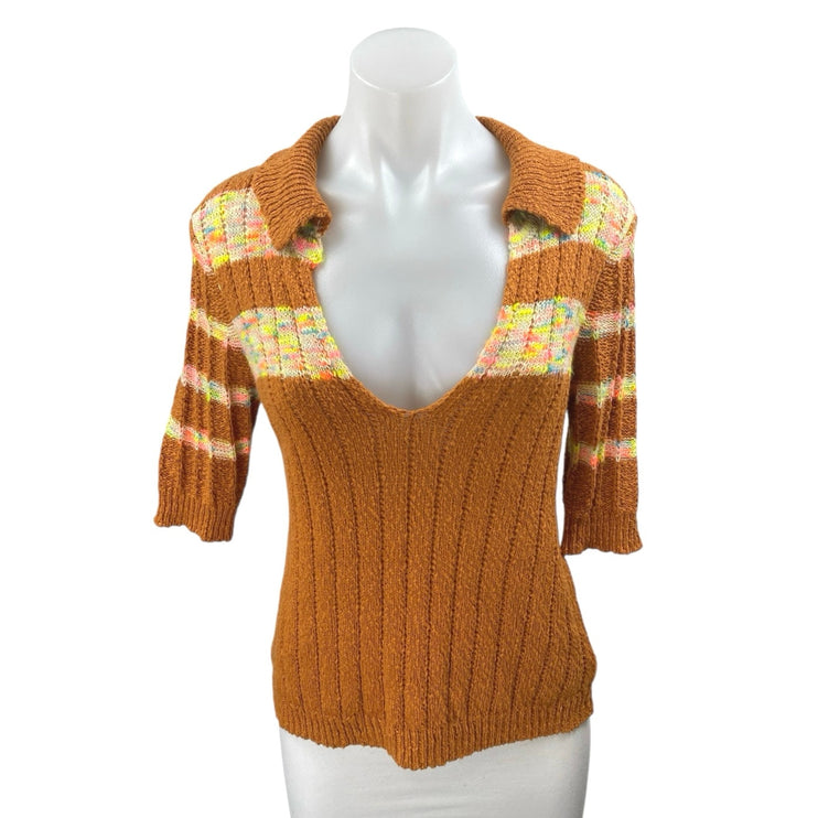 Free People Now and Then Brown Multicolor Striped Short Sleeve Knit Sweater Sz M