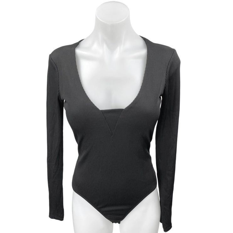 Free People Women's Black Rib Knit Scoop Neck Long Sleeve Bodysuit Top Size S