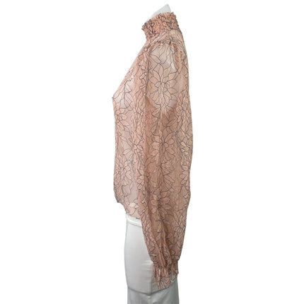 Forever 21 Womens Pink Floral Mesh Sheer Long Balloon Sleeve Turtleneck Blouse S