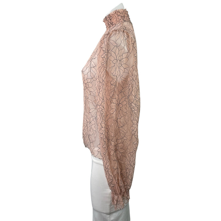 Forever 21 Womens Pink Floral Mesh Sheer Long Balloon Sleeve Turtleneck Blouse S