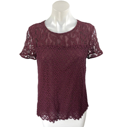 Ann Taylor Women's Red Maroon Short Sleeve Zi Floral Lace Blouse Top Size S