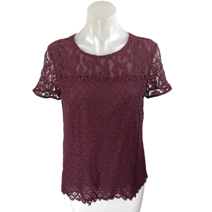 Ann Taylor Women's Red Maroon Short Sleeve Zi Floral Lace Blouse Top Size S
