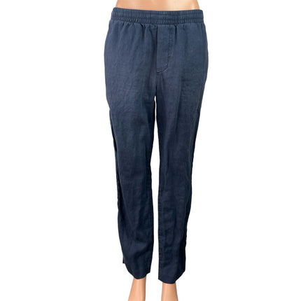 H&M Women's Blue 100% Linen Elastic Waist High Rise Tapered Trousers Pants Sz S