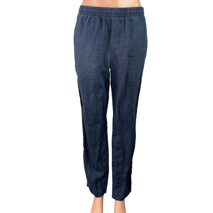 H&M Women's Blue 100% Linen Elastic Waist High Rise Tapered Trousers Pants Sz S