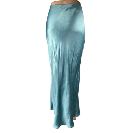 BEC & Bridge Blue Silk Satin High Waisted Pull On Pencil Midi Slip Skirt Size 4